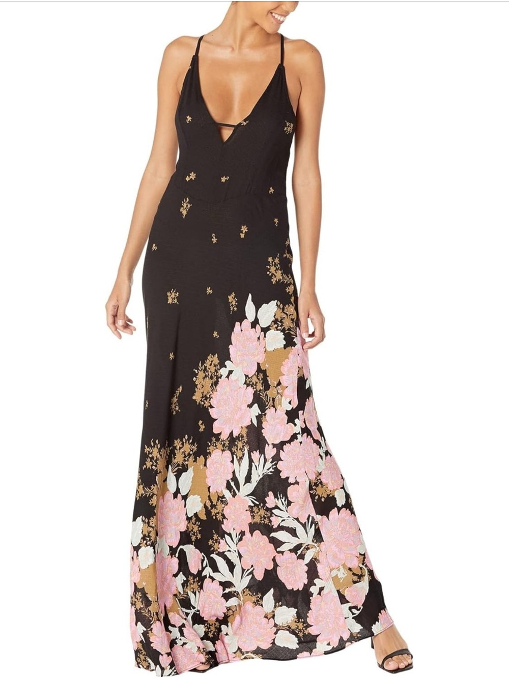 Free People Get To You Floral Pink and Black Maxi Dress Small